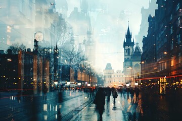 Artistic double exposure cityscape with people walking, blending modern architecture and urban life in a surreal, captivating style.