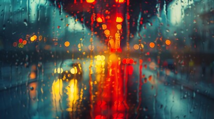 Abstract view through a rainy window with colorful bokeh lights of cars and cityscape, creating a vibrant and dreamy urban scene.