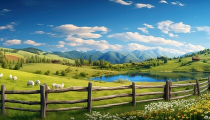 Fototapeta premium A stunning spring day landscaping views of fertile land surrounded beautiful green vegetation, wide stretches of hills and mountains with clear skies in spring