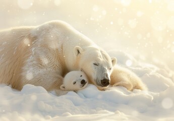 A mother polar bear and her baby relax together on the snow, with a bright, clean white snowfield and golden sunlight in the background.