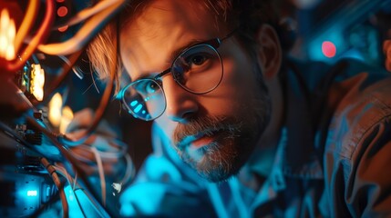 Obraz premium A man with glasses intensely observes something in the dark