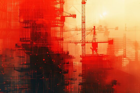 Abstract image of construction cranes and buildings at sunset, with a red-orange gradient, symbolizing urban development and growth.