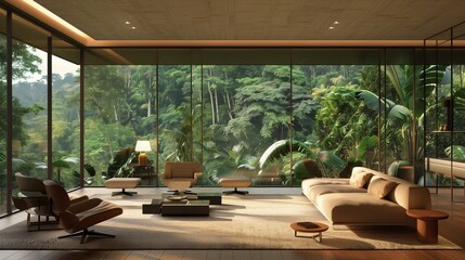 Fototapeta premium A contemporary living room with floor-to-ceiling windows offering a panoramic view of a lush forest furnished with minimalist furniture in earth tones to complement