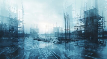 Futuristic cityscape with abstract architectural elements and digital blue tones, conveying modern technology and urban development.