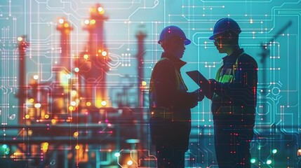 Engineers in hard hats discussing at an industrial site with technology holograms overlay. Concepts of industry, technology, and innovation.
