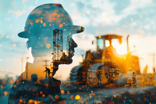 Double exposure of construction worker silhouette and heavy machinery at sunset, symbolizing industry, hard work, and progress.