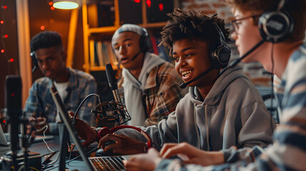 Diverse teenage male friends with headphones, microphone and laptop recording podcast - Powered by Adobe