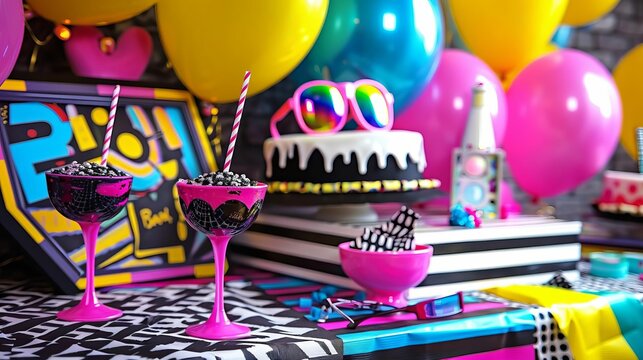 A table set with 80s themed birthday party supplies, including cake, punch, and balloons.