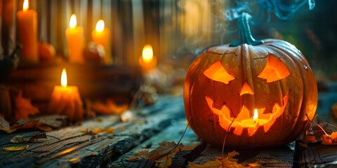 Obraz premium Halloween Pumpkin with Burning Candles on Wood 