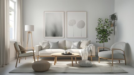 A sleek living room with a Scandinavian design featuring light airy furniture a neutral color palette and simple functional decor that emphasizes comfort and minimalism.