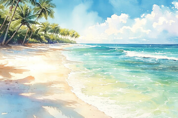 Tranquil Tropical Beach with Crystal Clear Water and Palm Trees Under Clear Blue Sky