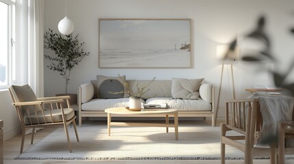 A contemporary living room with a Scandinavian design featuring light wood furniture neutral tones and simple functional decor that emphasizes comfort and minimalism.
