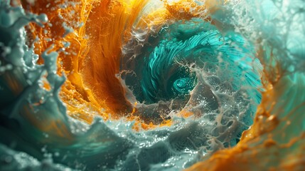 Fluid dynamics turquoise tangerine vortices colliding energetic