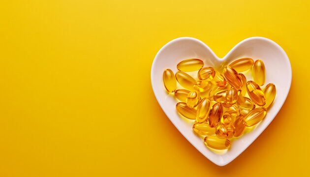 Omega 3 capsules in a heart-shaped plate on yellow background. Fish oil softgels. Supplement food vitamin D capsules.  - Powered by Adobe