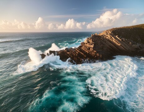 Biri Island's Natural Drama: Aerial Shot of Pacific Waves on Rocks