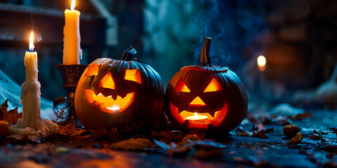 Obraz premium Carved Halloween Pumpkins with Burning Candles 