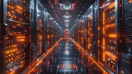 A cryptocurrency mining facility with rows of advanced servers and cooling systems
