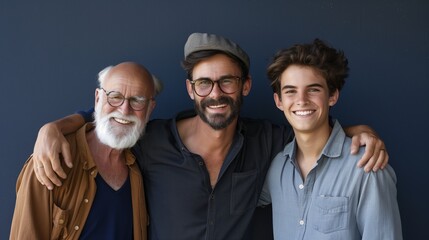 Father grandfather and son eaing together having fun. father's day concept celebration with men family enjoying meal on the table. Cheerful man young adult and mature laughing and having lunch