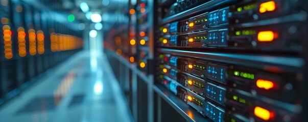 Multiple rows of server racks in a busy data center, showing technological infrastructure