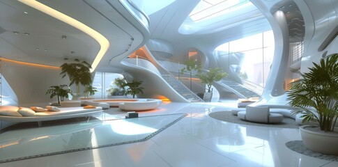 Sleek futuristic lounge with a minimalist white couch and a matching coffee table. Modern interior concept