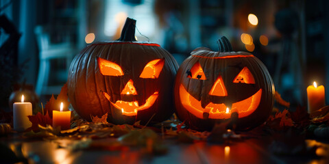 Fototapeta premium Halloween Art Design: Carved Pumpkins and Candles 