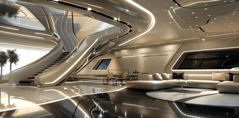 Contemporary living space showcasing a futuristic white sofa and a sleek coffee table. Interior...