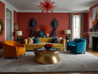 Artistic living room with bold colors and unique sculptures, generative AI