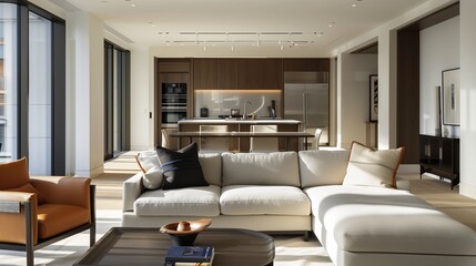A sleek living room with an open-concept design seamlessly integrating with a modern kitchen featuring clean lines high-end appliances visible in