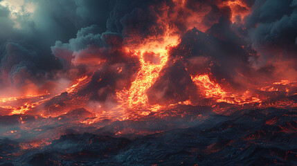 Forest fire, bushfire on mountain with flames, smoke clouds and dusk sky at sunset, Blue Mountains, Australia
