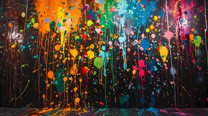 Vibrant display of dynamic paint splatters, adding movement and vibrancy to the backdrop