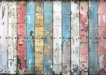 A colorful wooden wall with peeling paint, creating an old and worn look. Created with Ai