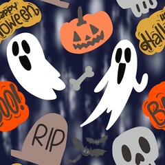 Halloween seamless pattern - creepy pumpkin lanterns with scary faces, traditional holiday halloween symbols ,seamless texture