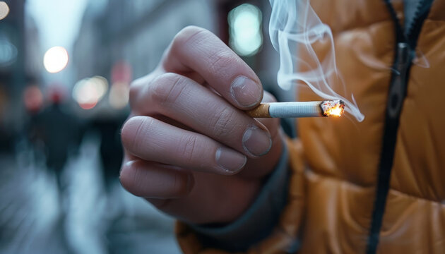 Close-up of a hand holding a cigarette, highlighting the act of smoking and addiction