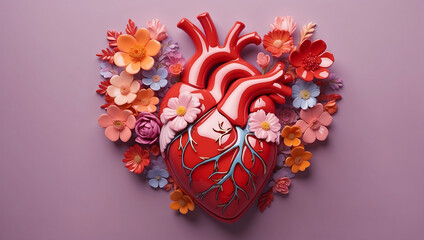 A stylized anatomical heart made of glossy material, adorned with various vibrant flowers in shades of red, pink, and peach, set against a solid mauve background
