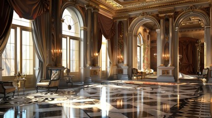 Fototapeta premium Opulent staircase ascending to a majestic chamber with a gleaming marble floor. Architectural grandeur concept