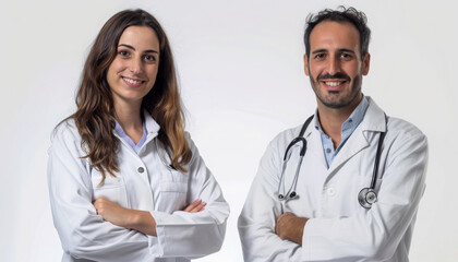 Portrait of two smiling doctors of a man and a woman on a white background