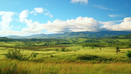 Fototapeta premium A stunning spring day landscaping views of fertile land surrounded beautiful green vegetation, wide stretches of hills and mountains with clear skies in spring