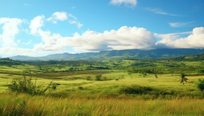 A stunning spring day landscaping views of fertile land surrounded beautiful green vegetation, wide stretches of hills and mountains with clear skies in spring