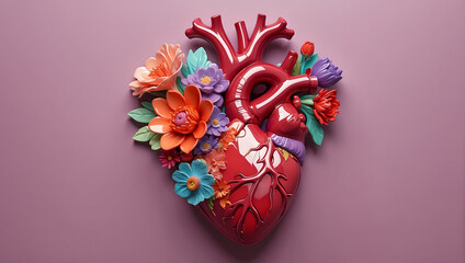 A stylized anatomical heart made of glossy material, adorned with various vibrant flowers in shades of red, pink, and peach, set against a solid mauve background