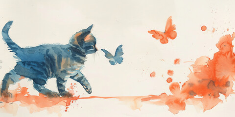 Watercolor Painting of a Cat and Butterflies in Playful Interaction