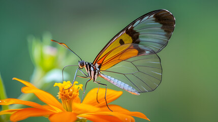 Fototapeta premium Beautiful Glasswing Butterfly on a yellow flower, generative Ai