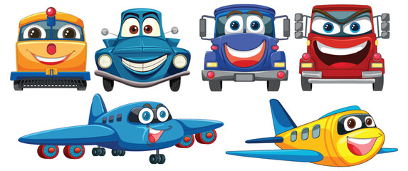 Bright, cheerful vehicles and planes with faces