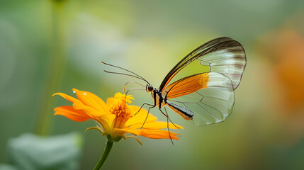 Obraz premium Beautiful Glasswing Butterfly on a yellow flower, generative Ai
