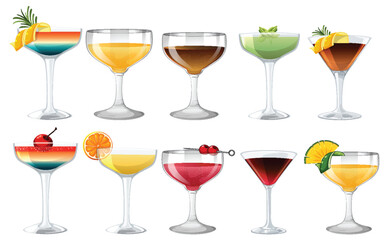 Vector illustrations of various colorful cocktails