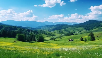 A stunning spring day landscaping views of fertile land surrounded beautiful green vegetation, wide stretches of hills and mountains with clear skies in spring