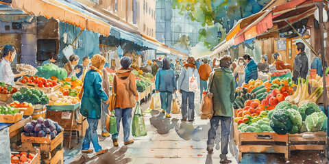 Vibrant Farmers Market with Diverse Shoppers and Colorful Fresh Produce