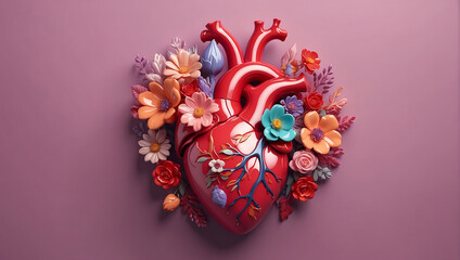 A stylized anatomical heart made of glossy material, adorned with various vibrant flowers in shades of red, pink, and peach, set against a solid mauve background