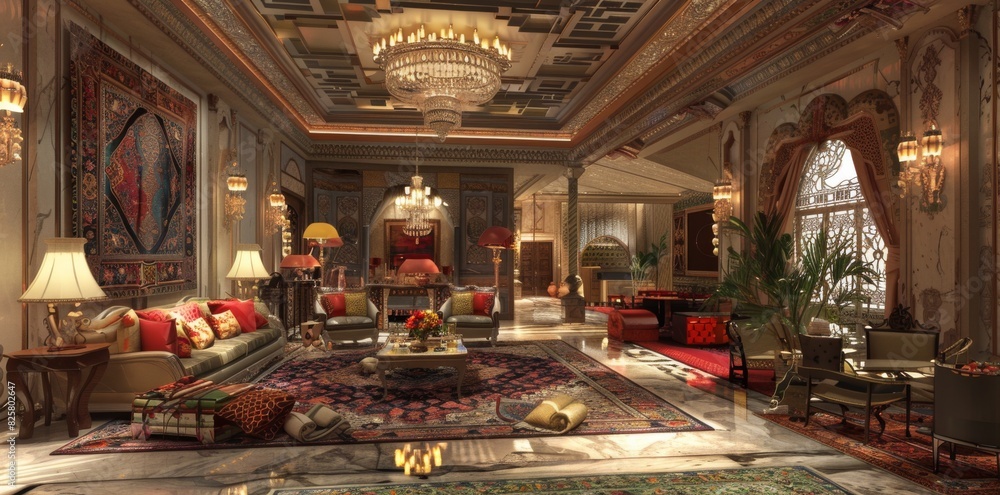 Poster grand room adorned with a bold red carpet and an array of cozy pillows, offering a lavish and comfor