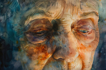 Aging Face with Deep Wrinkles and Emotion   Close Up Portrait