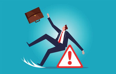 Career mistakes or setbacks, crises and risks in business investments or operations, businessmen falling at warning signs